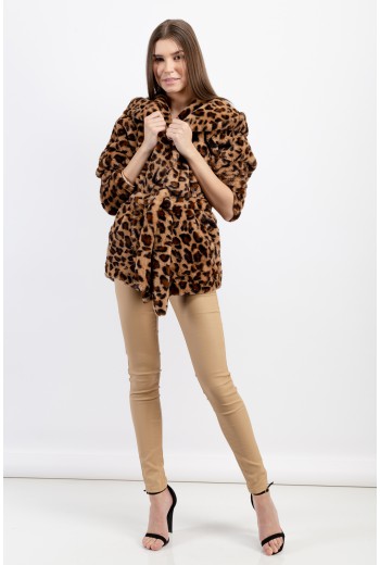 Leopard faux fur belted coat